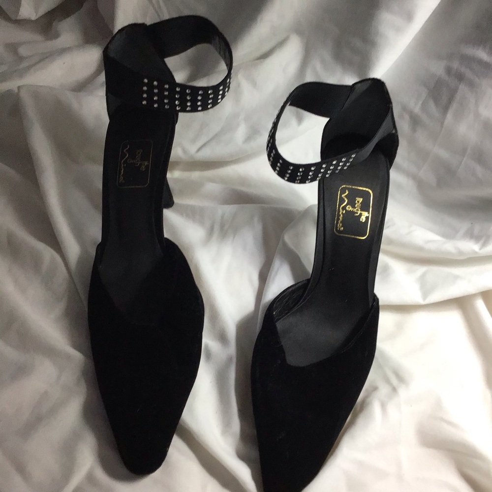 Black suede with rhinestone trim